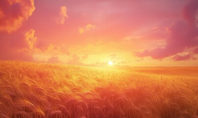 Fototapeta premium golden field of wheat swaying gently in the breeze under a dramatic sunset sky, vibrant orange and pink hues painting the horizon, evoking tranquility and abundance