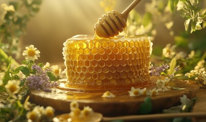 Golden honeycomb dripping with fresh honey, surrounded by wooden spoons and herbs, evoking natural sweetness.