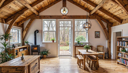Cozy rustic living room with wooden beams, warm home ambiance