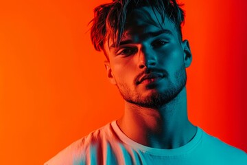 Fototapeta premium Caucasian young man's portrait on gradient orange studio background in neon light.