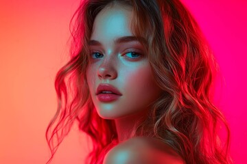Fototapeta premium Cheerful mood. Portrait of young charming girl, student with wavy hair posing over pink studio background in neon light.