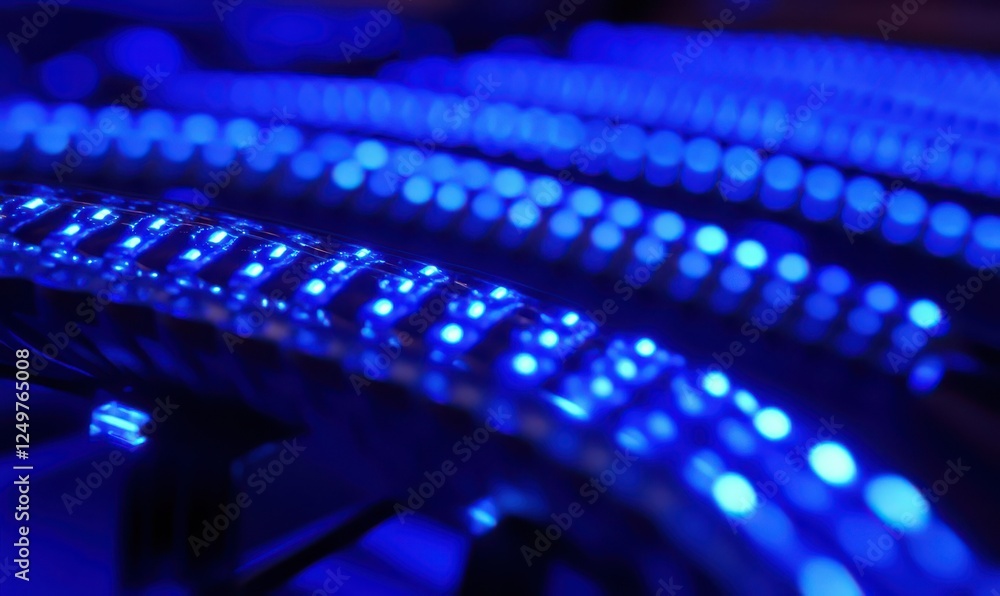 Poster rows of connected data servers glowing with vibrant blue lights, symbolizing advanced technology inf