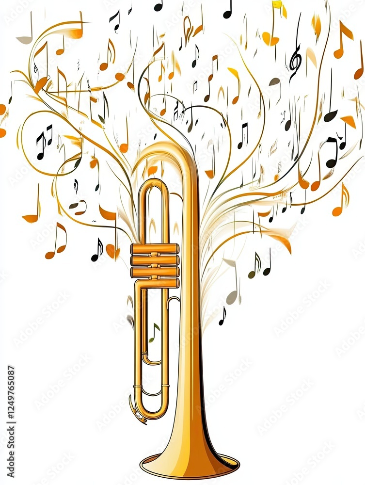 Poster golden trumpet flows with vibrant abstract music notes creating a melody of movement and rhythm