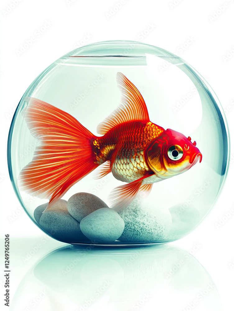 Aufkleber goldfish swims gracefully in a round bowl on smooth white surface reflecting inner calm