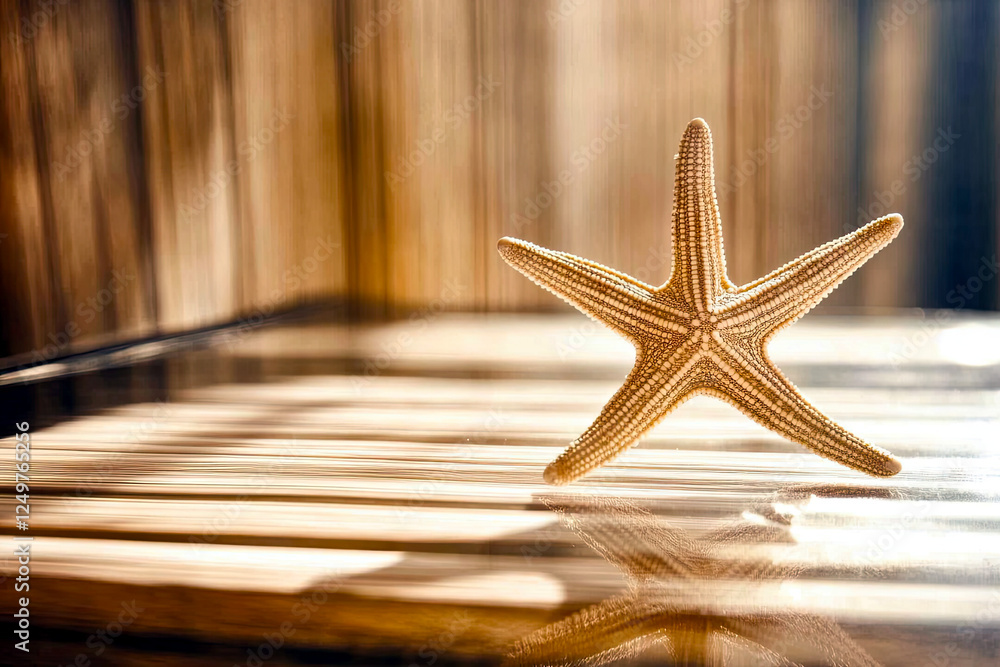 Poster delicate pastel starfish resting on a smooth reflective surface under soft ambient light