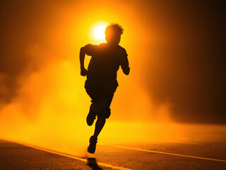 Silhouette of a sprinter running against a dramatic foggy backdrop