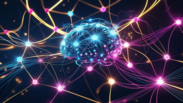 Complex neural network interconnected with brain, nodes, and glowing lines. A dynamic web of intelligence and connections. Tech inspired abstract image.