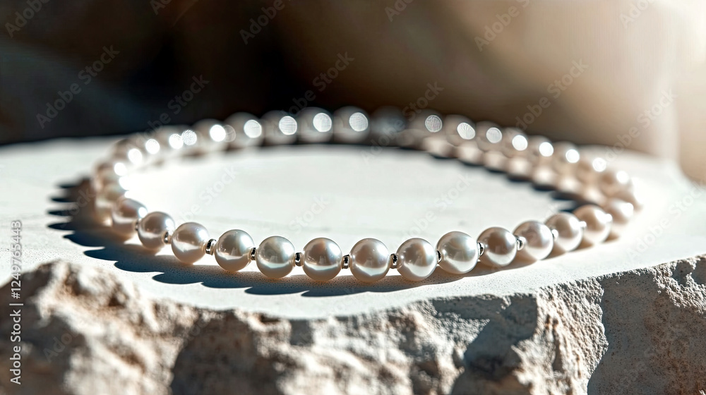Poster elegant strand of pearls gracefully resting on a softly textured surface under gentle lighting