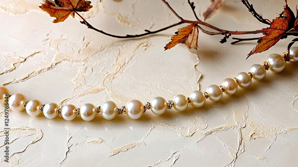 Poster elegant strand of pearls gracefully resting on a smooth surface with natural accents