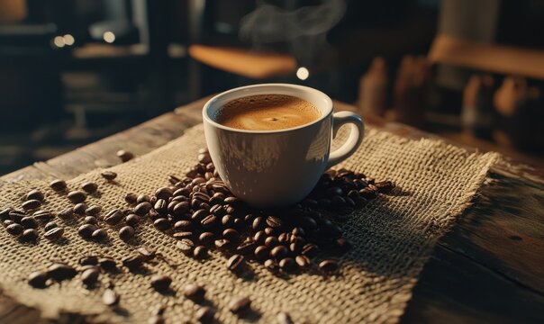 Morning coffee cup surrounded by freshly roasted beans, placed on a rustic burlap cloth with warm natural lighting, evoking a cozy and aromatic coffee ritual