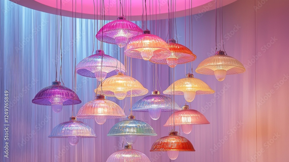 Poster vibrant colors illuminate this enchanting indoor space featuring a multi-layered chandelier. colorfu