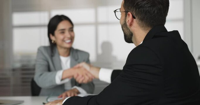 Two business people handshaking seated at conference desk, expressing mutual respect, thanking each other for professional support. Manager and client concluding agreement, making deal, shaking hands
