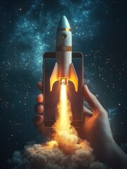 Obraz premium Hand holding smartphone with launching rocket on dark background. Startup and technology concept