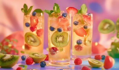 Obraz premium Sparkling fruit cocktails in tall glasses, garnished with colorful slices of kiwi, berries, and mint, placed on a vibrant pastel surface, celebrating festive summer vibes