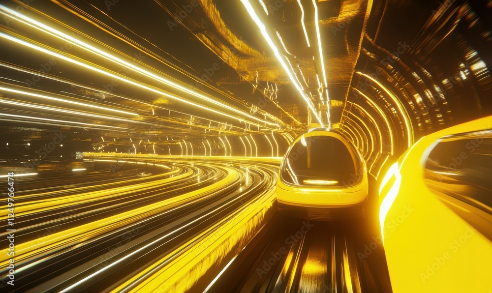 Poster speeding train gliding through an illuminated futuristic tunnel, bright yellow lines adding energy a