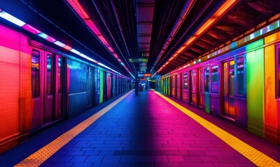 Fototapeta premium Neon-lit city subway glowing with vivid colors, capturing the vibrant energy and rhythm of urban life.