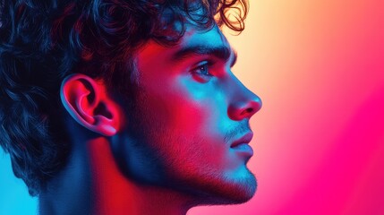 Creative Portrait of a Man with Short, Dark Hair Viewed from the Side with Neon Overlays Creating a Dreamy Effect Against a Gradient Background