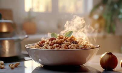 Steaming bowl of hearty oatmeal topped with nuts and fresh berries, its rich textures and warm tones inviting comfort