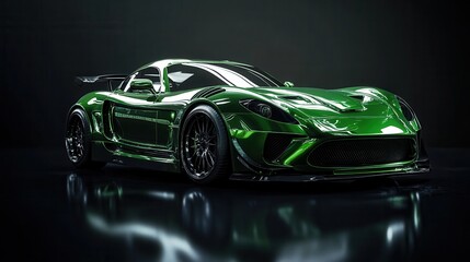 Fototapeta premium Modern green sports car on a black background. Generative AI.