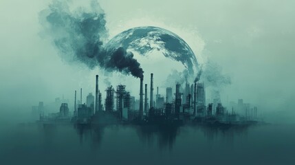 Obraz premium Conceptual Illustration Depicting Stark Contrast Between Industry and Nature, Highlighting Pollution with Factories Emitting Smoke Above a Globe