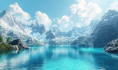 Fototapeta premium Pristine landscape of a turquoise lake surrounded by towering snow-capped mountains under a bright sky.