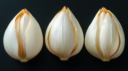 Obraz premium Three Large Egg-Shaped Light Yellow and White Petals with Long Petal-Like Tips Floating on Water Surface