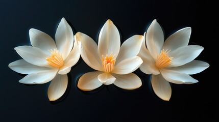 Fototapeta premium Three Large Egg-Shaped Light Yellow and White Petals with Long Petal-Like Tips Floating on Water Surface