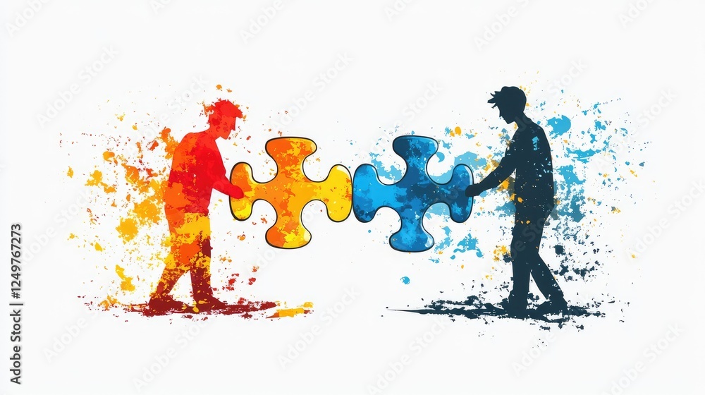 Poster collaborative problem solving concept – two people connecting puzzle pieces in flat design vector il