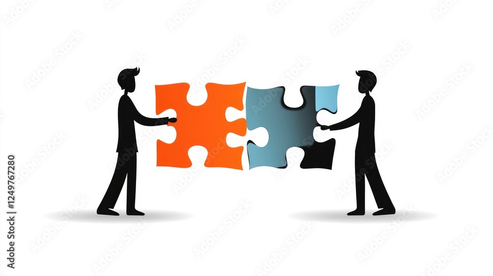 Poster collaborative problem solving concept – two people connecting puzzle pieces in flat design vector il