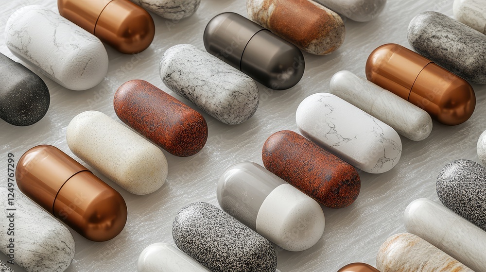 Poster two-tone pills with marble and metallic elements on modern textured background resembling frosted gl