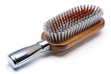 High-resolution drone shot: A classic wooden hairbrush, elegantly detailed, features a gleaming silver band.