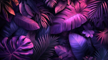 Tropical-Style Illustration of Densely Packed Plant Leaves in Dark Purple and Pink with Vivid Visual Effect and Striking Aesthetics
