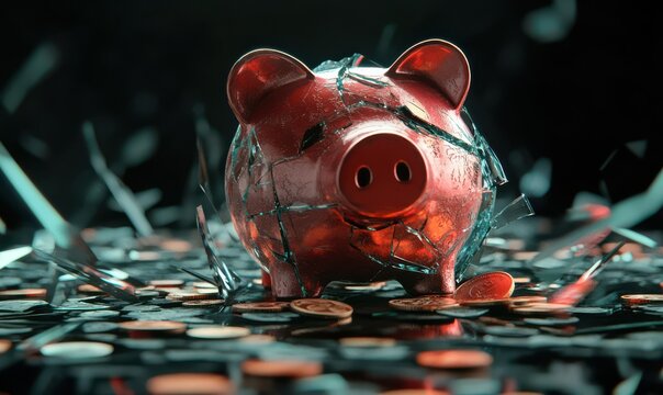 Shattered piggy bank surrounded by shards of glass, with vibrant coins scattered on a dark surface, highlighting economic fragility, intense contrasts