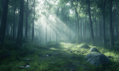 Obraz premium Sunlight breaking through tall forest trees, illuminating the mossy ground and creating a mystical woodland atmosphere