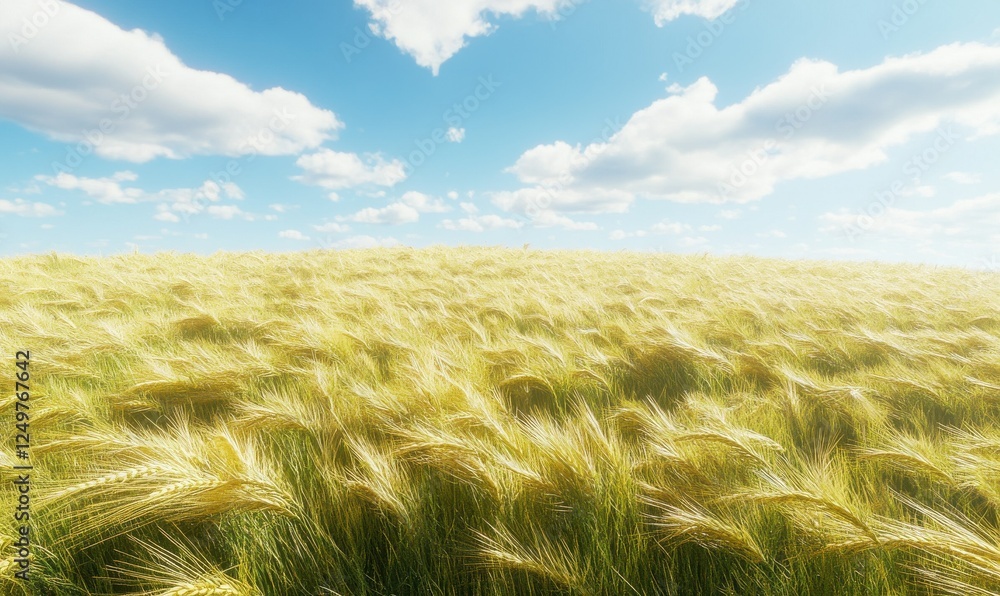Poster sunlit field of golden wheat swaying in a gentle breeze under a cloudless sky, styled for a serene a