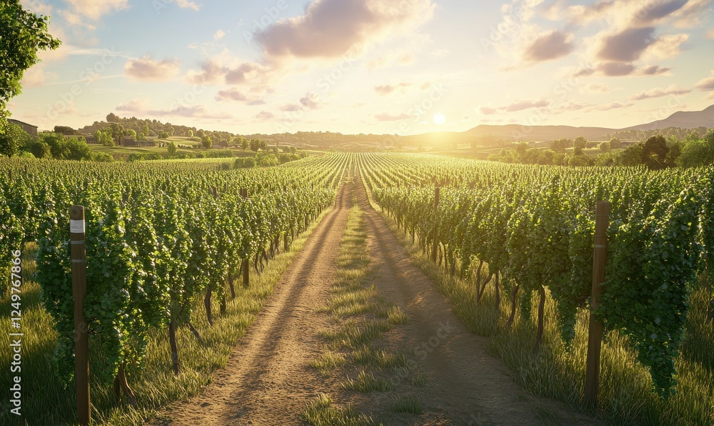 Poster sunlit vineyard with rows of grapevines stretching into the distance, styled to emphasize the natura