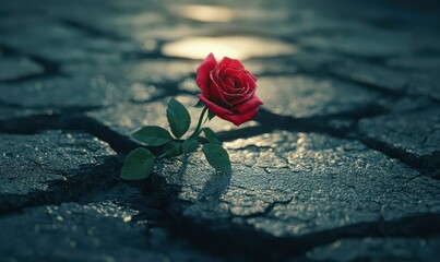 Single rose blooming from a cracked sidewalk, symbolizing resilience and unexpected beauty.