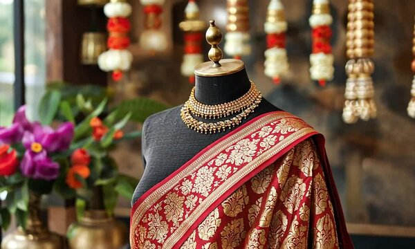 indian banarasi silk saree with intricate gold motifs	
video close up