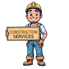 Vsai smiling cartoon construction worker holding sign