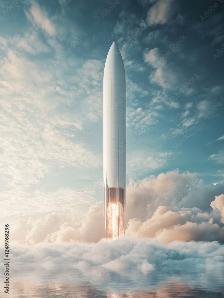 Poster start up concept with rocket going upward in abstract light blue cloudy sky. 3d rendering