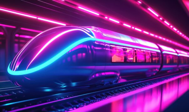 Sleek hyperloop transport glowing in vibrant neon, symbolizing the evolution of fast, sustainable travel.