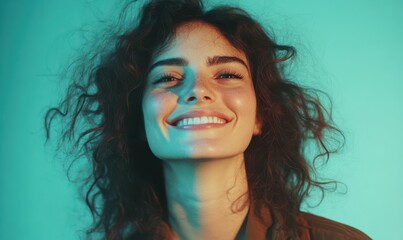 Smiling woman with curly hair on a vibrant cyan background, her radiant expression and soft lighting convey joy and confidence