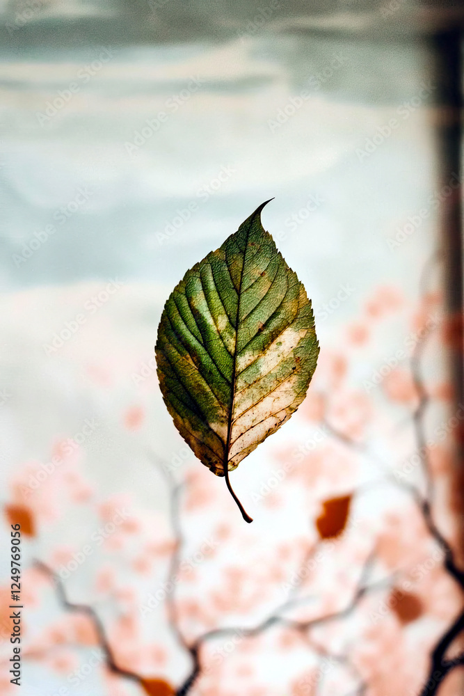 Poster floating leaf captured in a moment of tranquility against a soft neutral backdrop