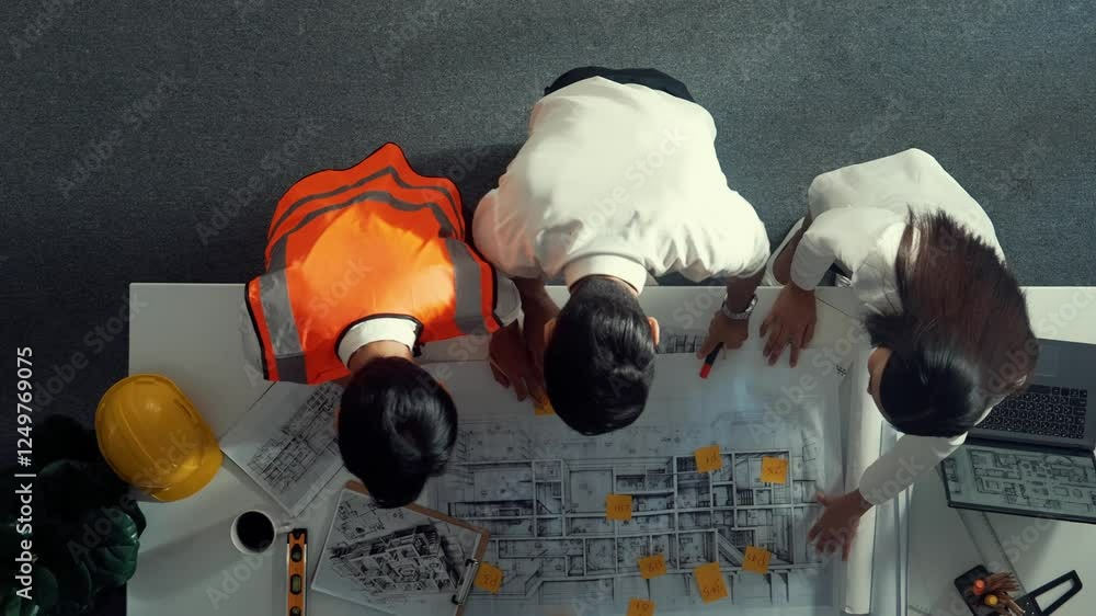 Poster top down view of project manager shaking hand with civil engineer at meeting table with blueprint sa