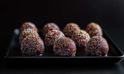 Smooth chocolate balls coated with colorful sprinkles, arranged on a sleek black tray with dramatic lighting for contrast
