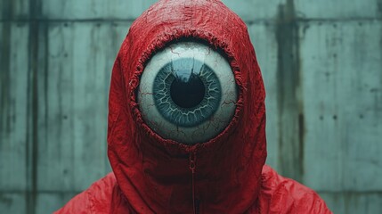 Figure shrouded in a vivid red jacket with an oversized eye for a head, representing emotional numbness