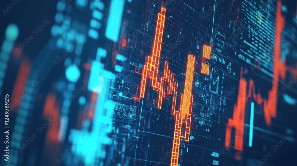 Poster cyber security conceptwith digital exclamation mark and diagram graphs at abstract background. 3d re
