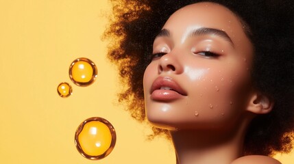 Radiant Glow: A close-up portrait of a young woman with radiant skin and a lush afro, set against a vibrant yellow background with floating oil droplets, evoking a sense of beauty and well-being. 