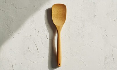 Smooth wooden spatula on a white plaster background, minimalist kitchen design emphasizing functionality and simplicity