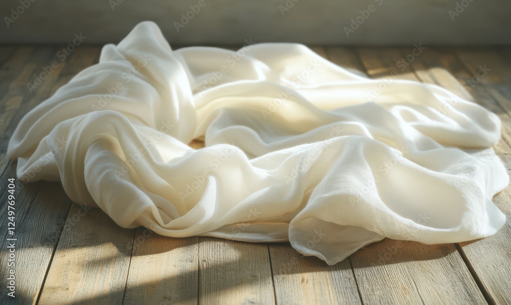 Poster soft cotton fabric draped over a rustic wooden surface, with folds and textures illuminated by diffu